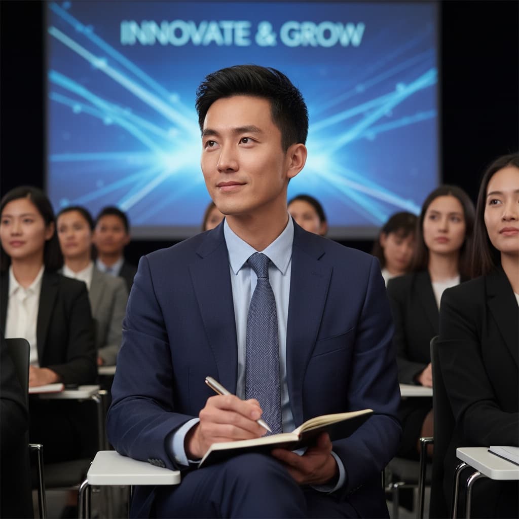 slim asian man keynote audience listening 12495756