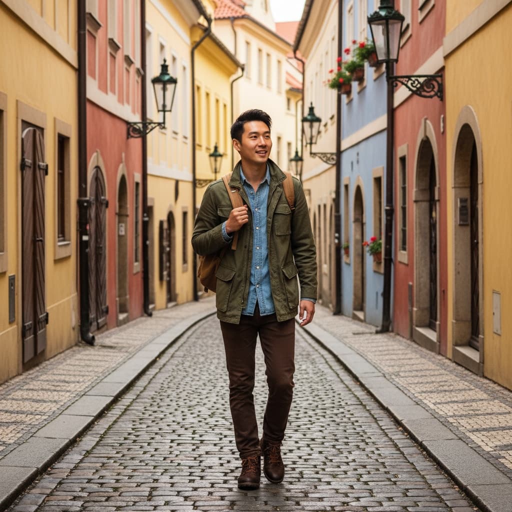 slim asian man narrow medieval alley 90827334