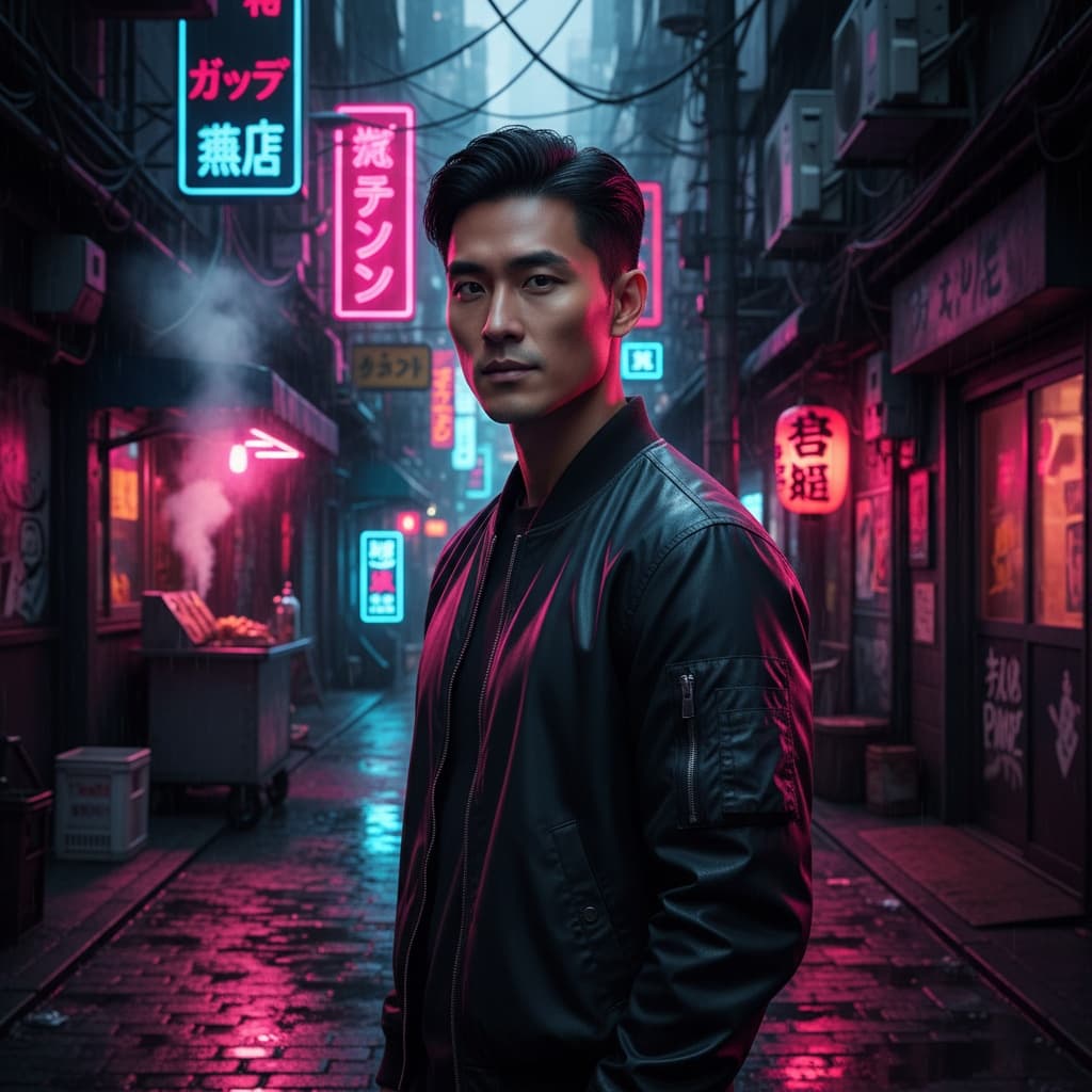 slim asian man neon lit alley portrait 27220010