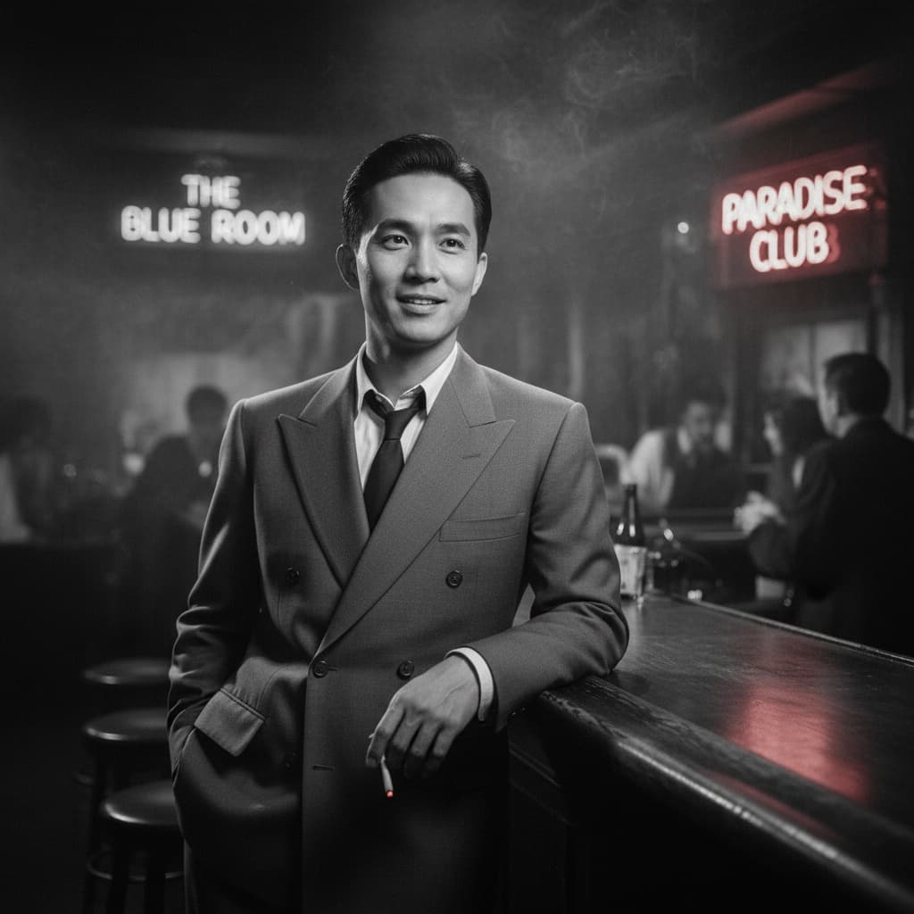slim asian man noir nightclub scene 92933789