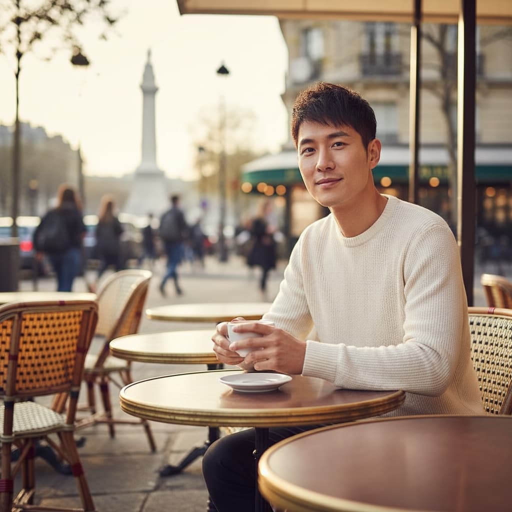 slim asian man parisian cafe lifestyle 72107191