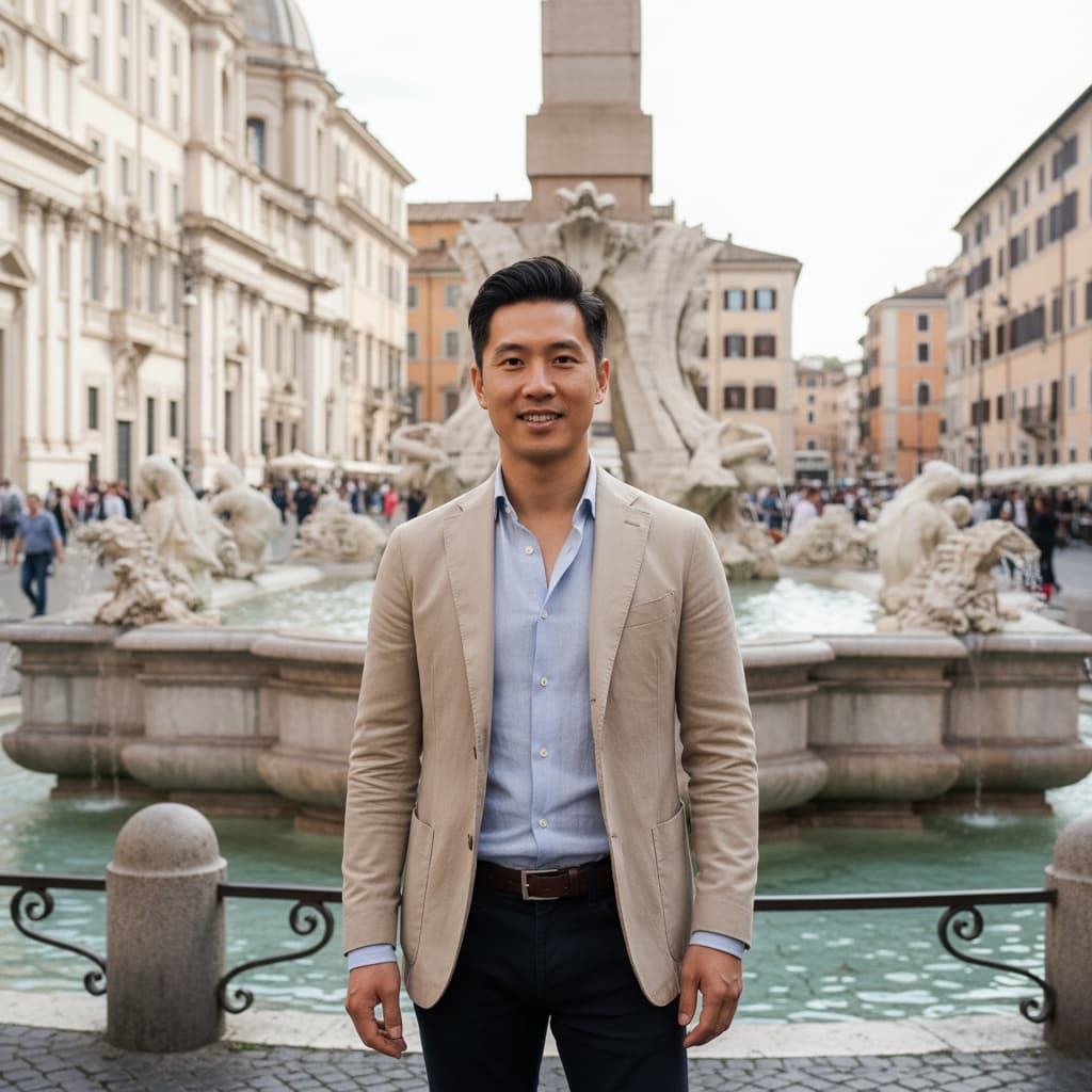 slim asian man piazza navona fountain 59486080