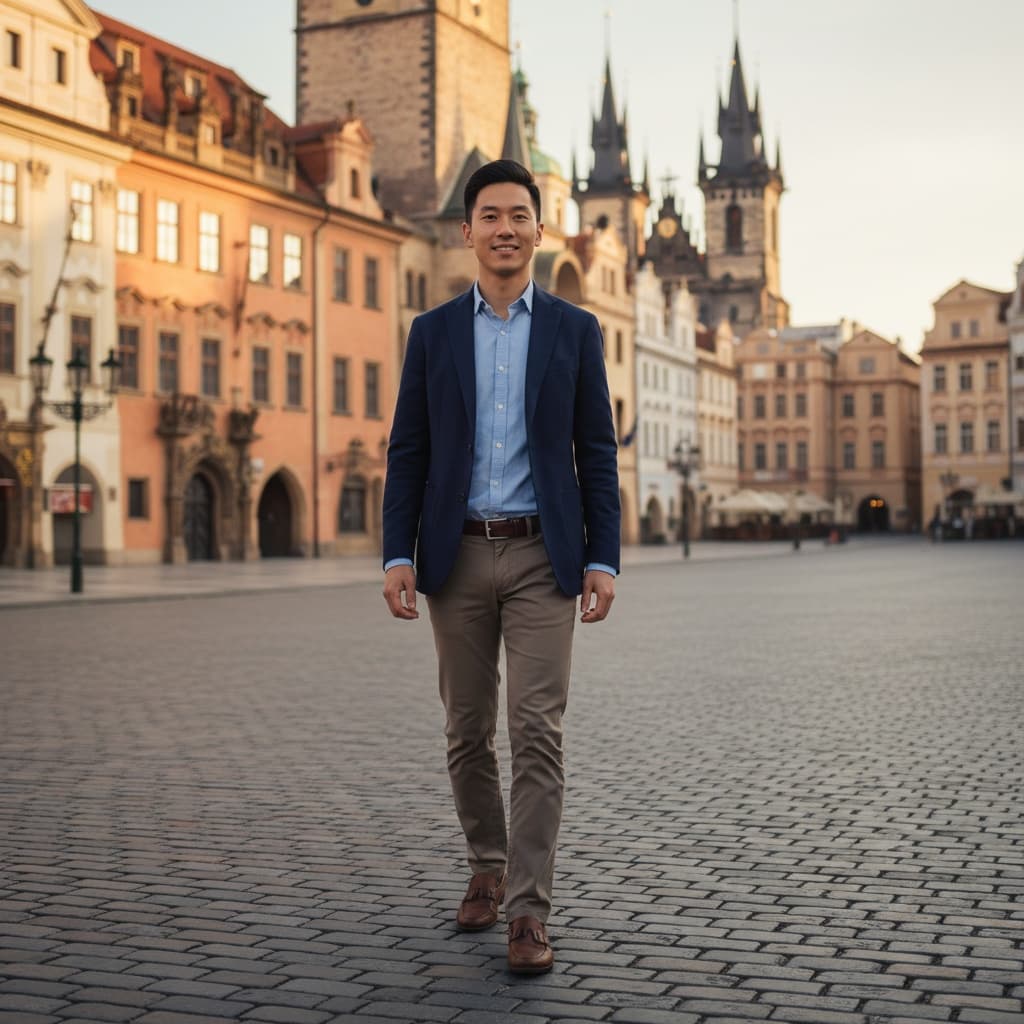 slim asian man prague old town square 66273320
