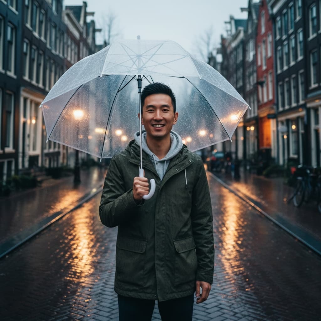 slim asian man rainy amsterdam atmosphere 88627426