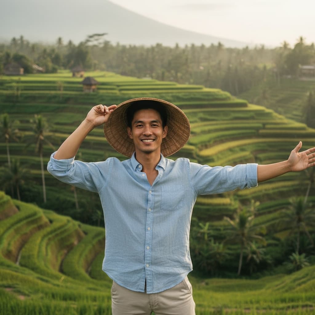 slim asian man rice terrace overlook portrait 36345191