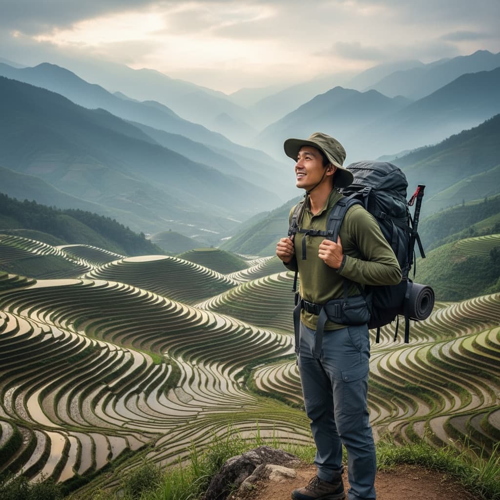slim asian man rice terrace portrait 44497243