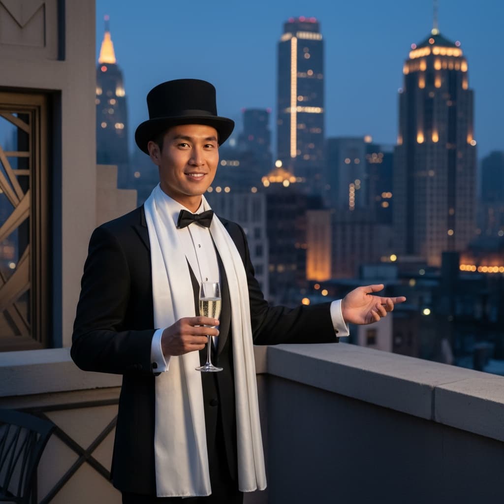 slim asian man rooftop cityscape evening 92581652
