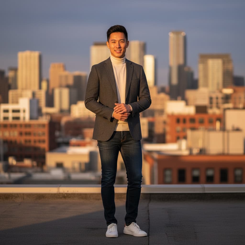 slim asian man rooftop cityscape sunset 35548913