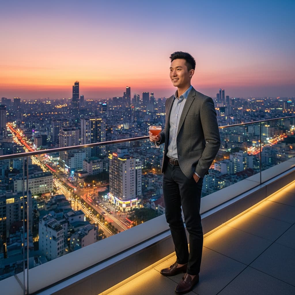 slim asian man saigon rooftop skyline 95229699