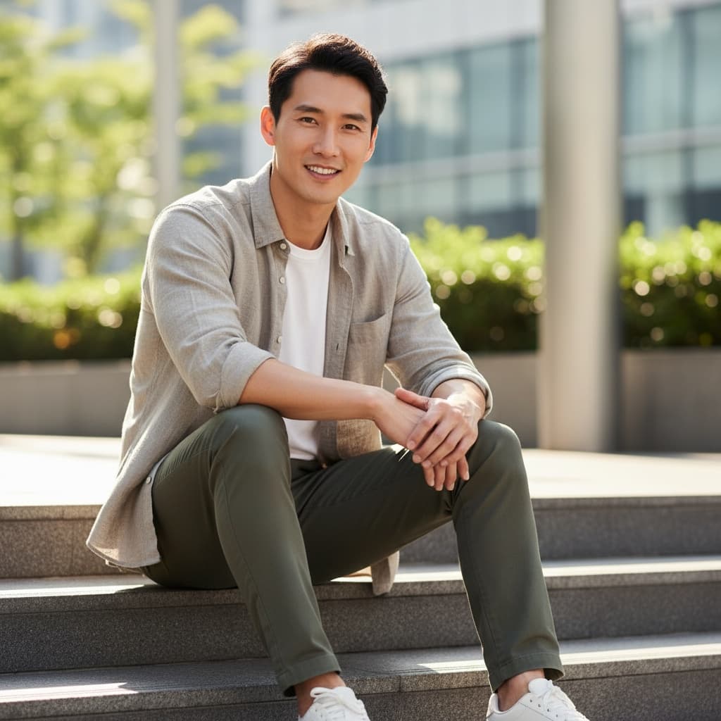 slim asian man sitting relaxed lifestyle pose 44888058
