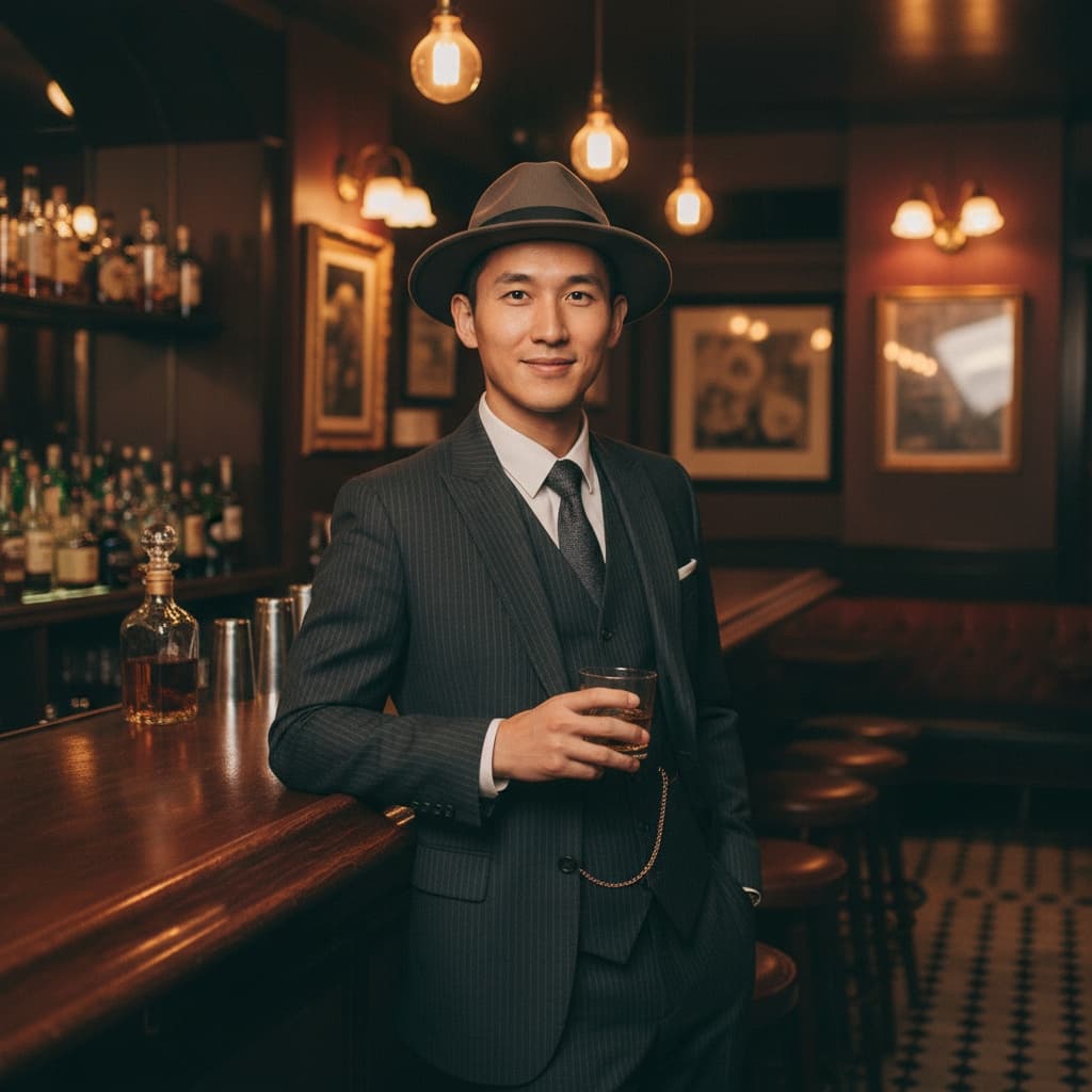 slim asian man speakeasy bar full body 79022901