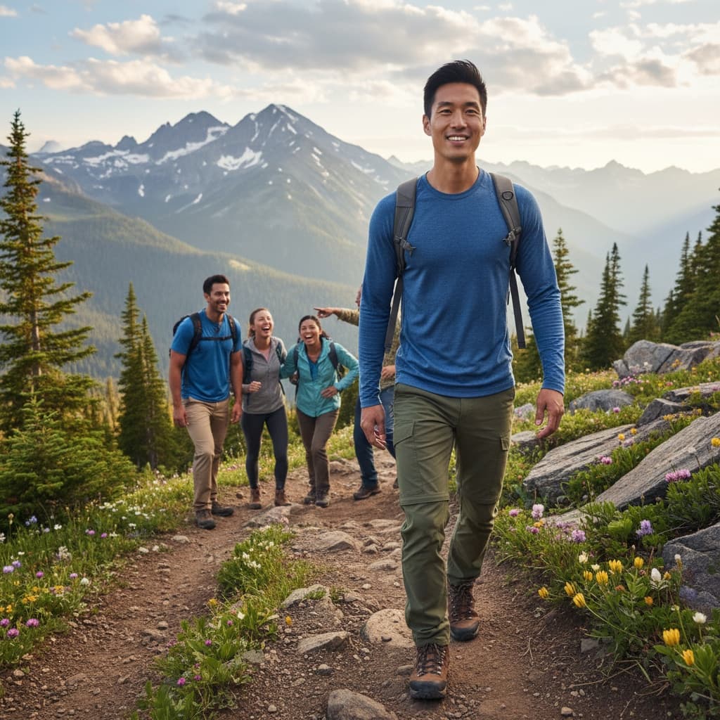 slim asian man team hiking mountain trail 58144242