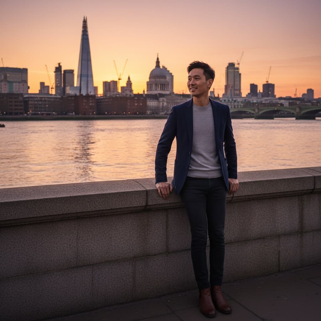 slim asian man thames river sunset 97798619