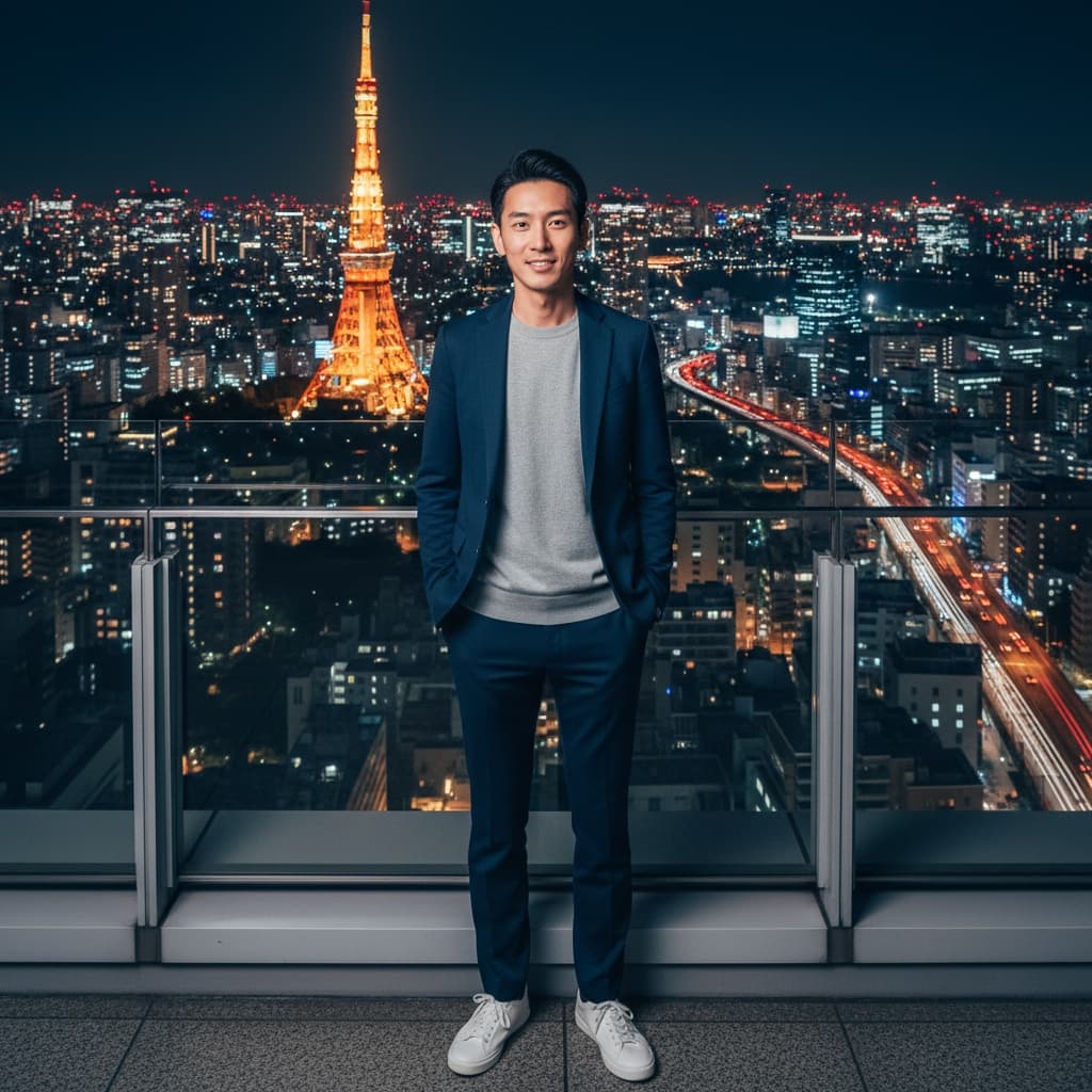 slim asian man tokyo tower night view 42888258