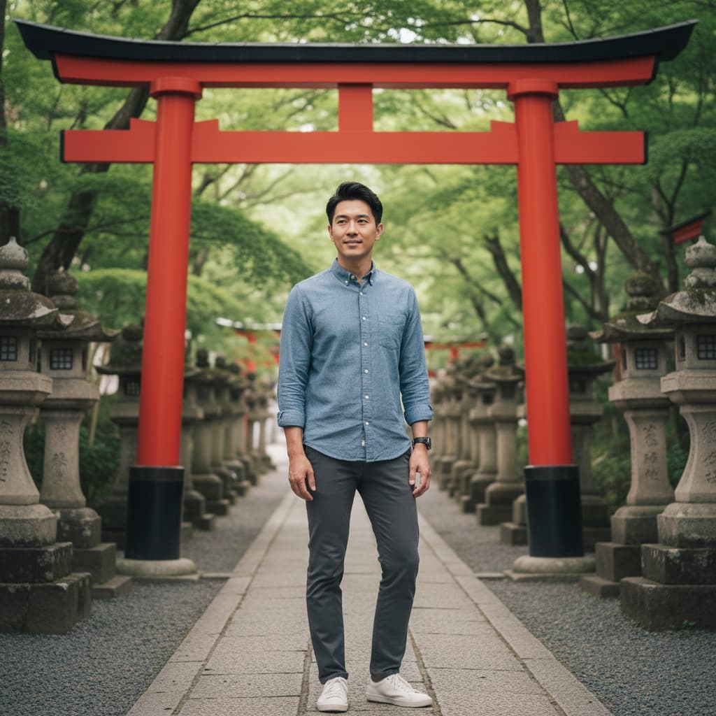 slim asian man traditional torii gate 30527426