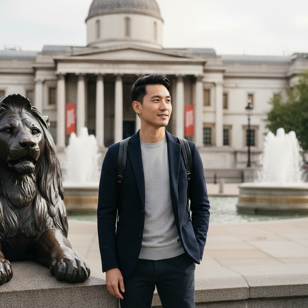 slim asian man trafalgar square lions 87334507