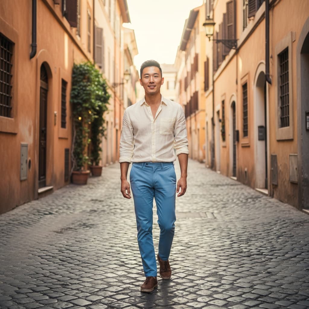 slim asian man trastevere cobblestone street 92328995