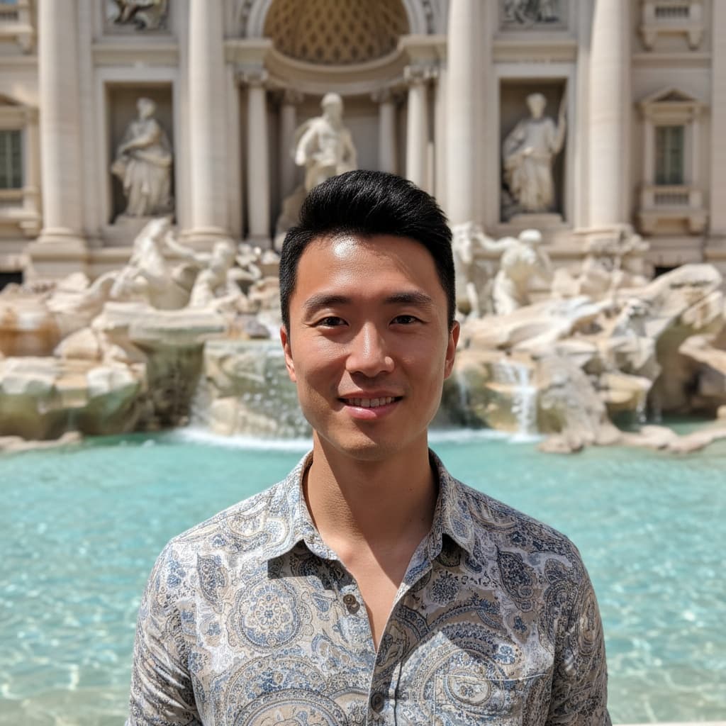 slim asian man trevi fountain close up 51663674