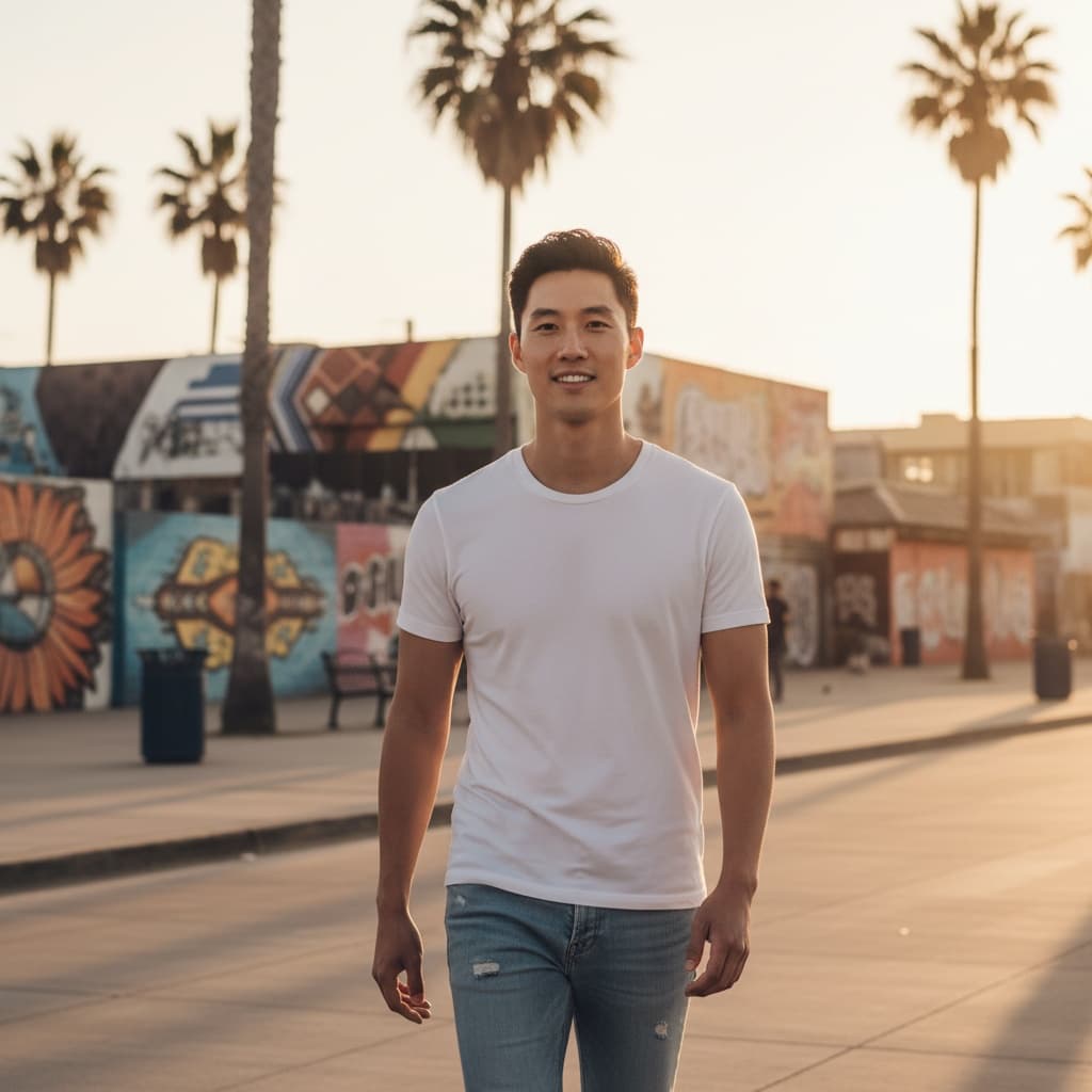 slim asian man venice beach boardwalk golden hour 39896413