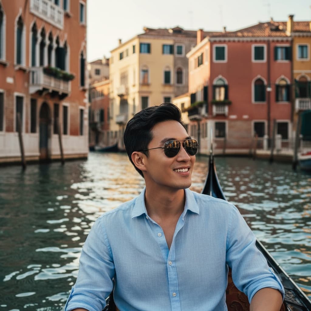 slim asian man venice gondola ride 99705053