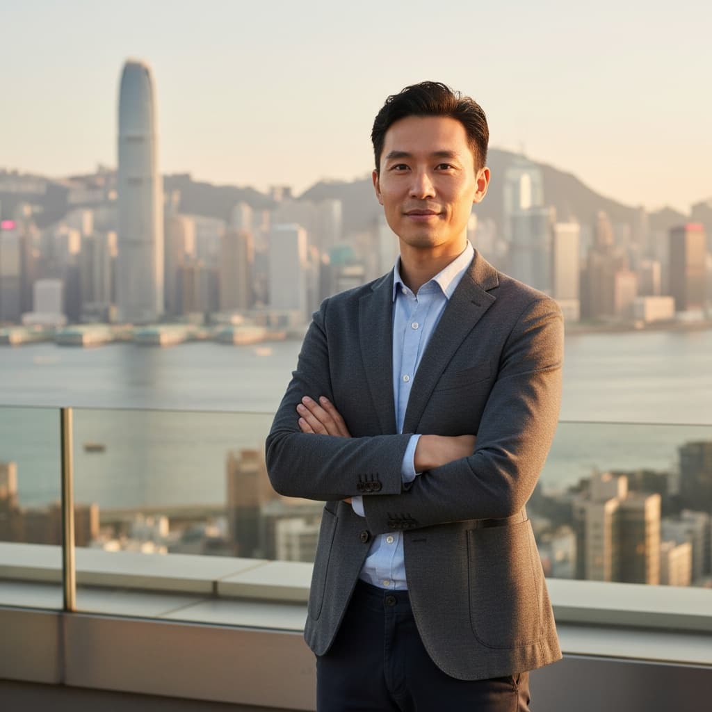 slim asian man victoria harbour rooftop portrait 76308039