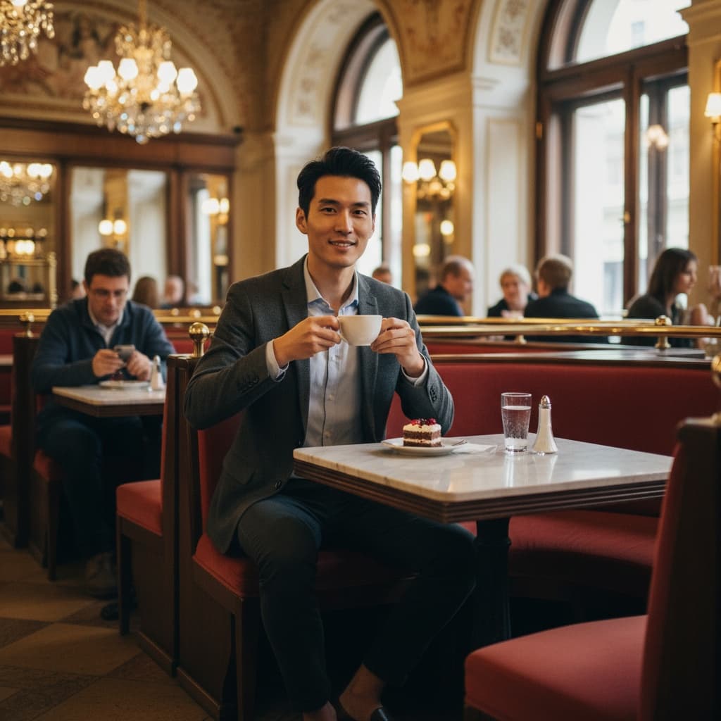 slim asian man vienna coffee house interior 66365609