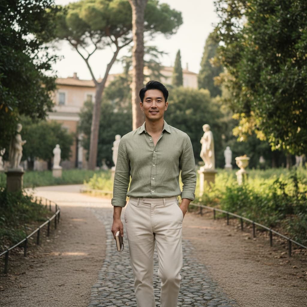 slim asian man villa borghese gardens 99153813