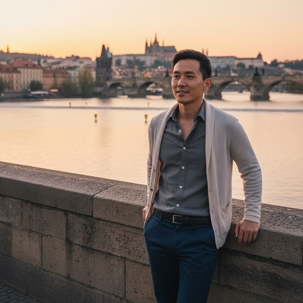 slim asian man vltava river sunset 87396563