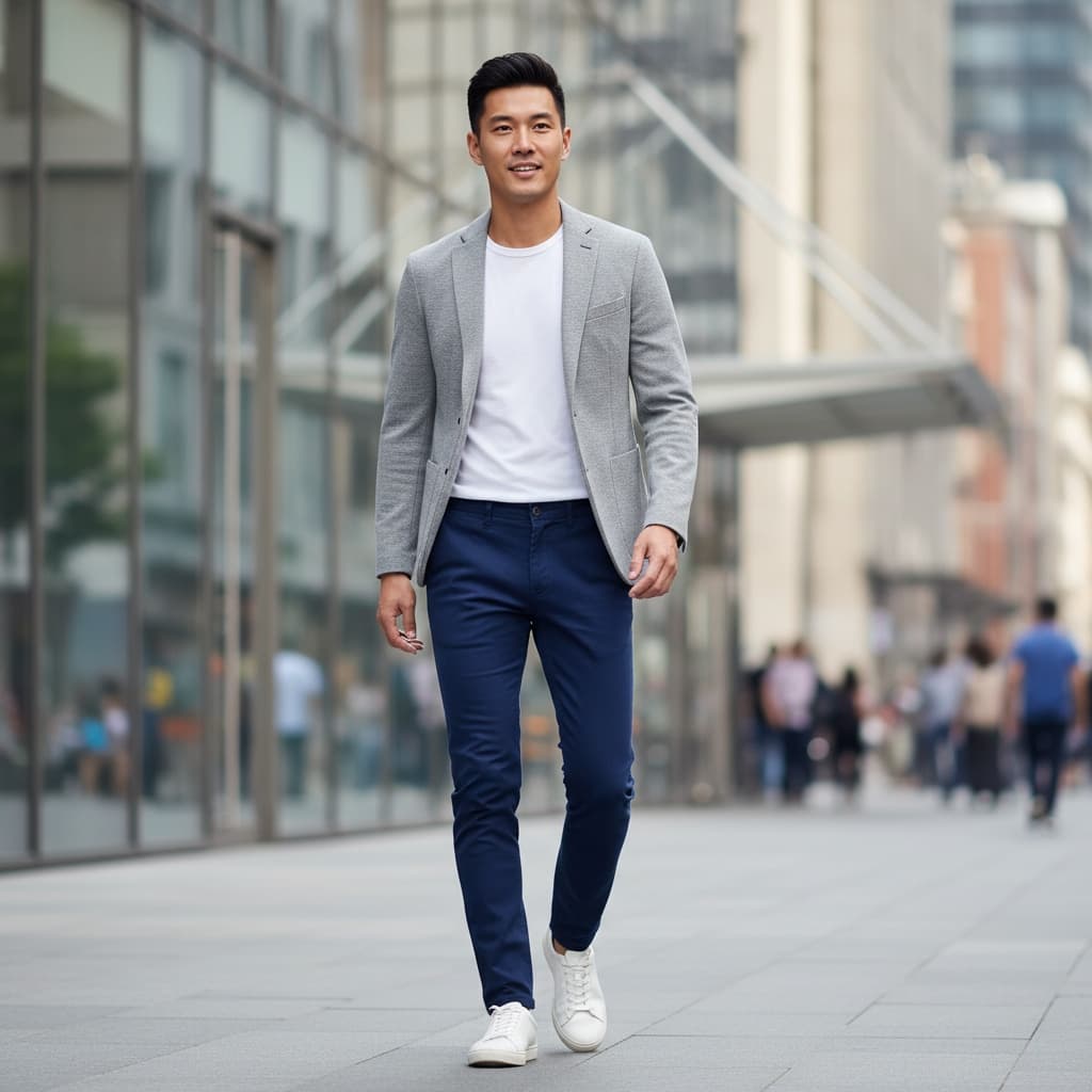 slim asian man walking urban environment 79221635