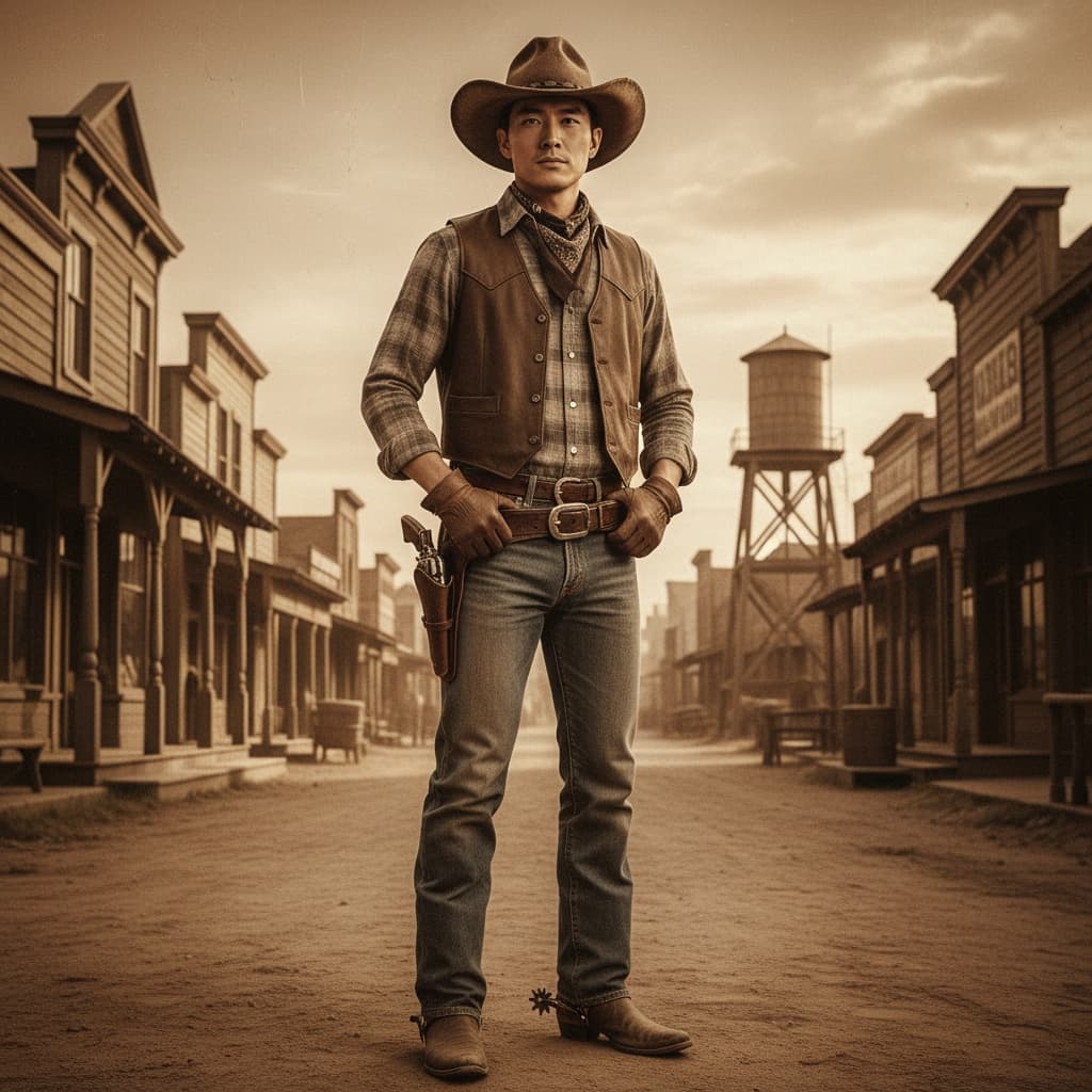 slim asian man western cowboy hero 58418666