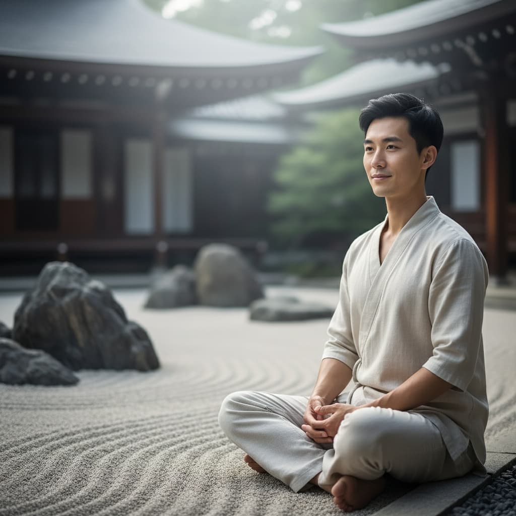 slim asian man zen garden meditation 89370843