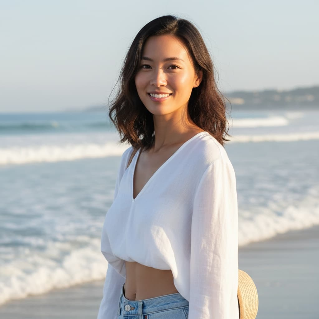 slim asian woman beach casual relaxed 86998535