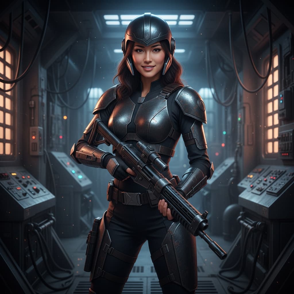 slim asian woman bounty hunter armor 88165033