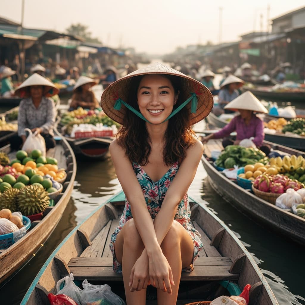 slim asian woman floating market boat 70284819