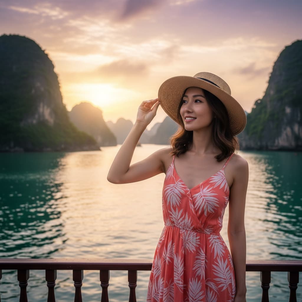 slim asian woman halong bay cruise deck 71435596