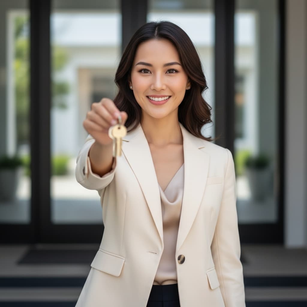 slim asian woman keys in hand success 60291057