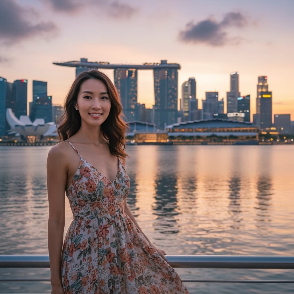 slim asian woman marina bay sands skyline sunset 13652758