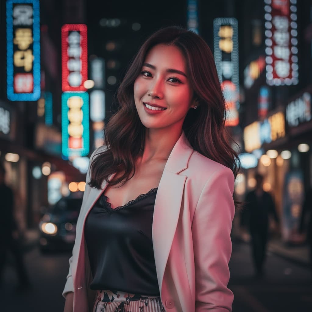 slim asian woman night neon seoul portrait 65153998