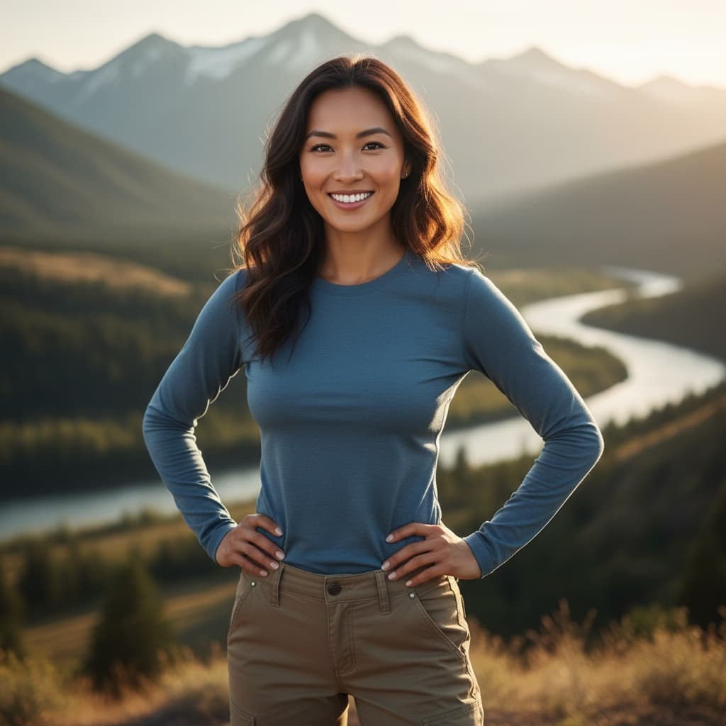 slim asian woman outdoor adventure confident 57888280