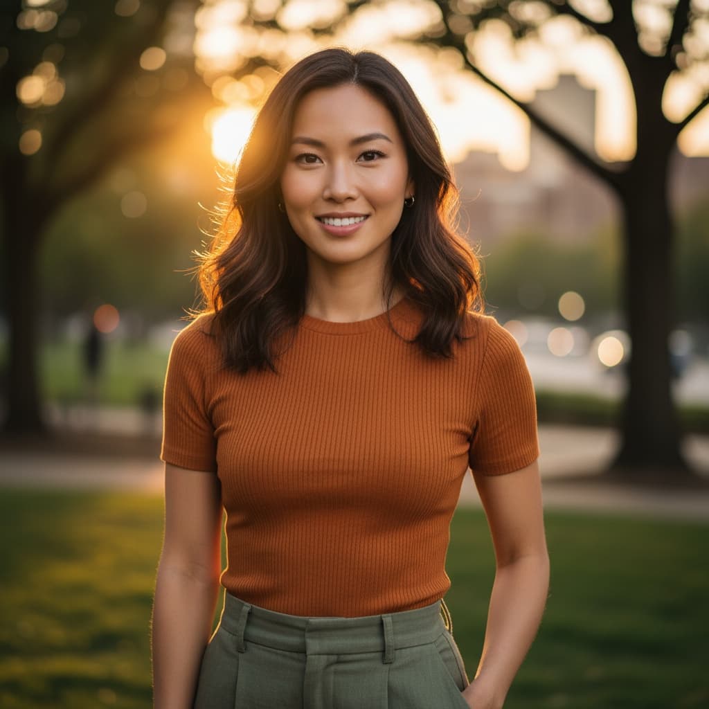 slim asian woman outdoor golden hour 55825885