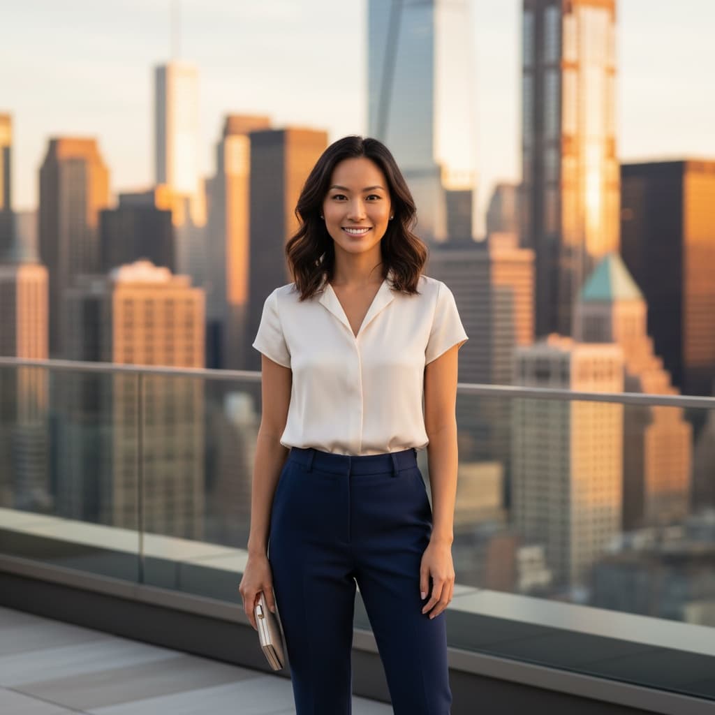 slim asian woman rooftop city view ambitious 15875371