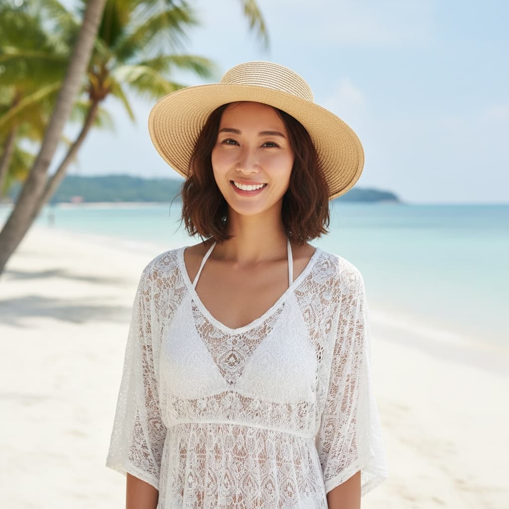 slim asian woman sentosa beach tropical 69778649