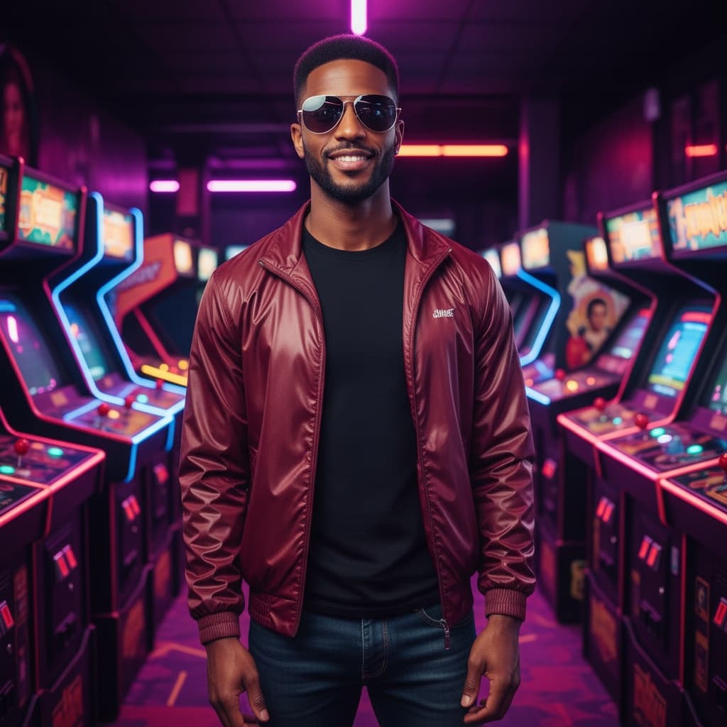 slim black man arcade gaming atmosphere 75826723