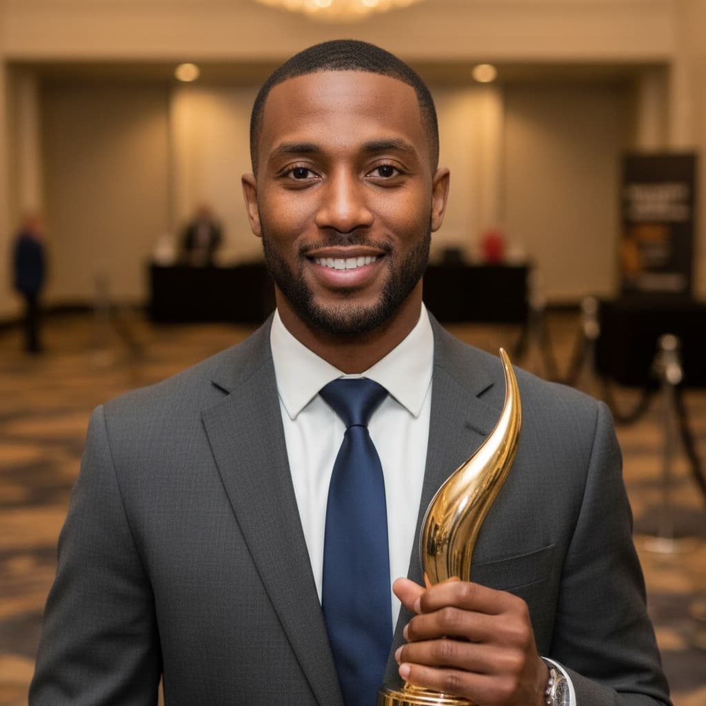 slim black man backstage trophy closeup 41888295