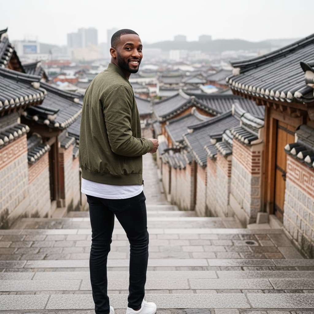 slim black man bukchon hanok stairs portrait 64695450