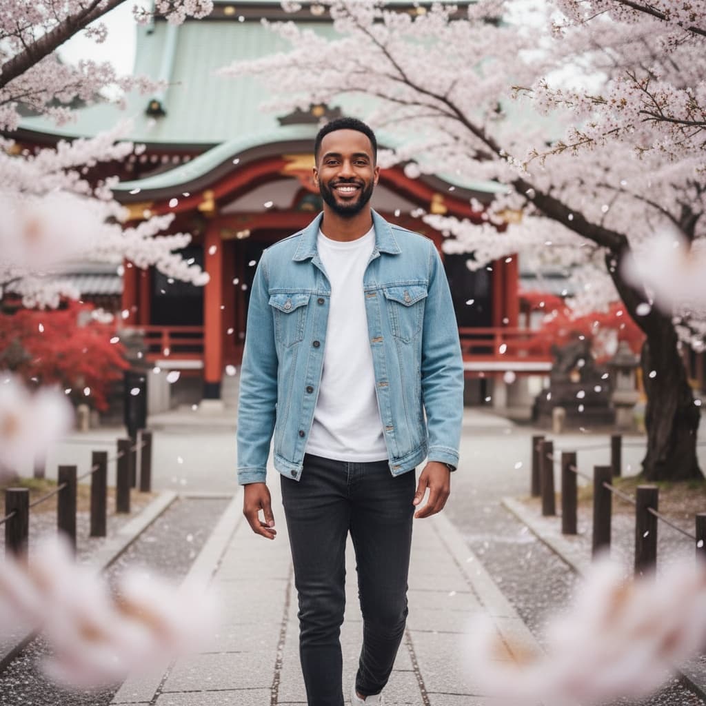 slim black man cherry blossom temple grounds 53482746