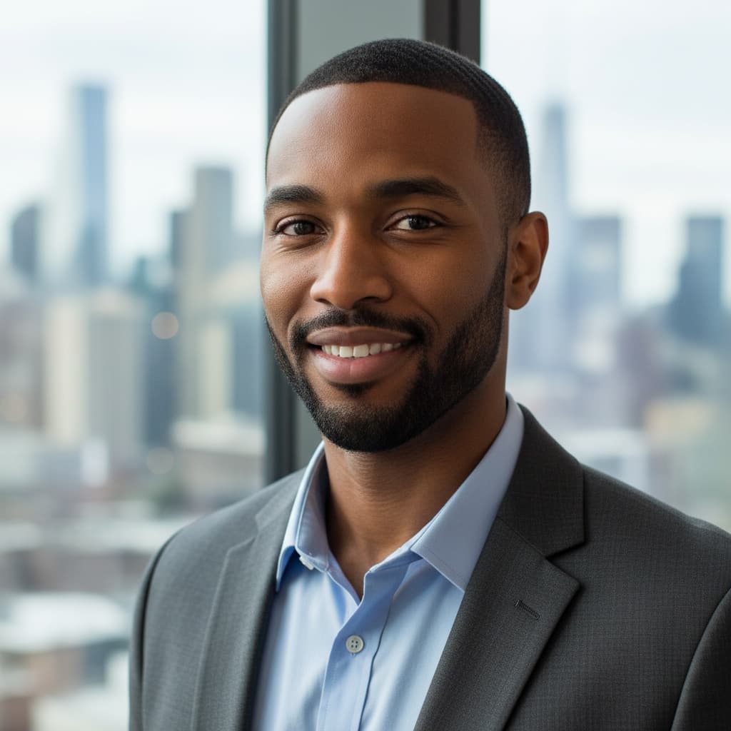 slim black man confident city skyline backdrop 73716894