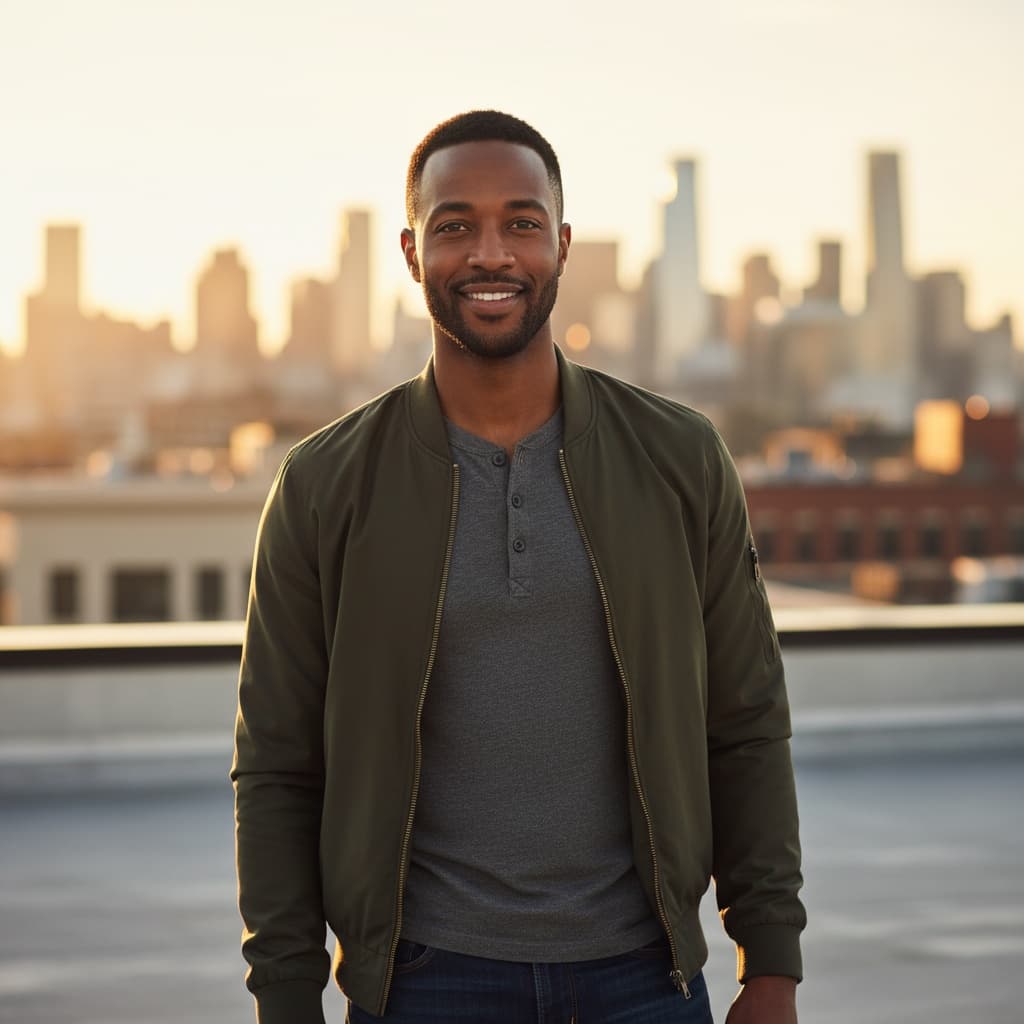 slim black man golden hour rooftop portrait 31975450