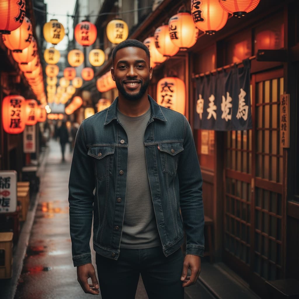 slim black man izakaya entrance lanterns 70876724