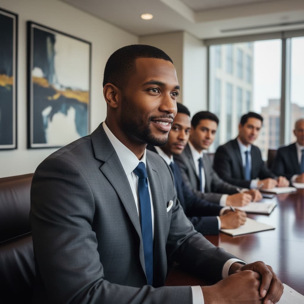 slim black man listening executive table 98271563